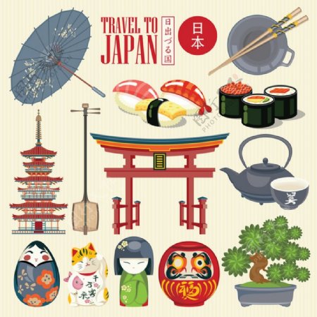 日本旅游景点与传统文化矢量