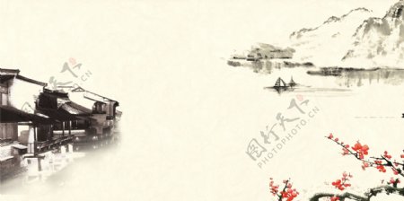 中国风水彩江南风景背景设计