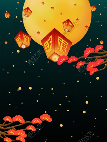 传统中国风新年孔明灯圆月星空背景设计