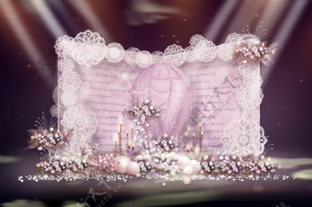 粉色甜美蕾丝热气球童话婚礼合影区设计