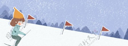 手绘滑雪女孩banner背景素材