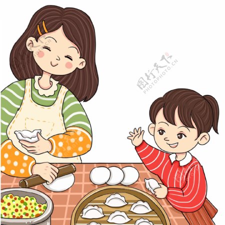 彩绘过年包饺子的母女俩人物插画