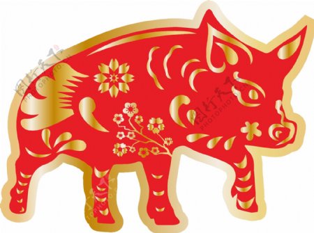 红色金色猪剪纸春节AI素材01