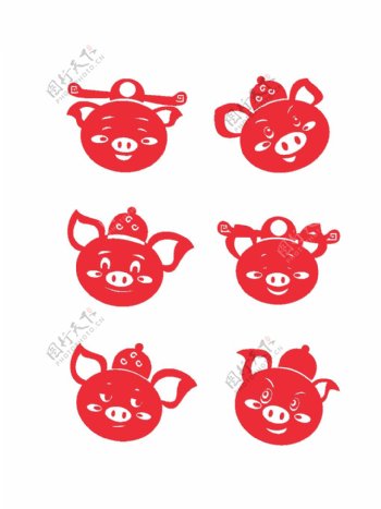 2019猪年简约猪头元素之红色剪纸套图