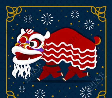 红色春节舞狮子矢量素材