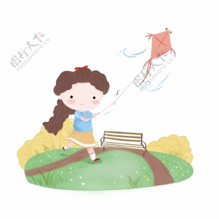 花园放风筝的可爱卡通女孩秋天郊游春天踏青