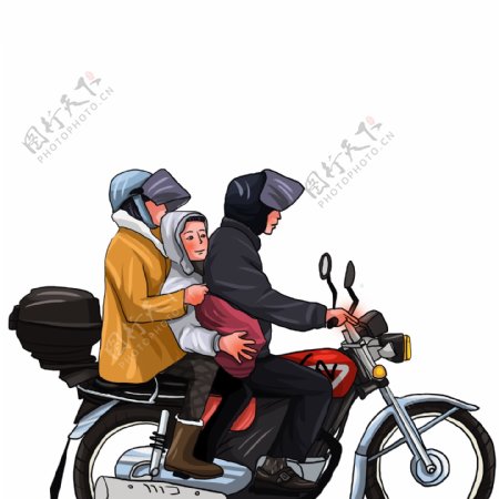 手绘骑着摩托车出行的一家人
