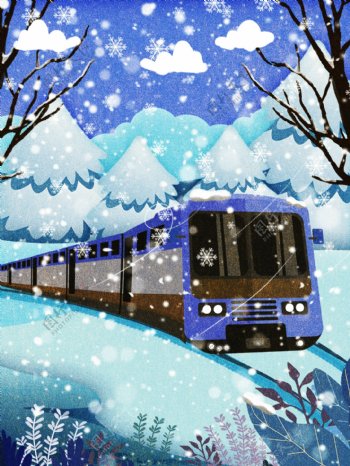彩绘冬季树林火车春运背景设计