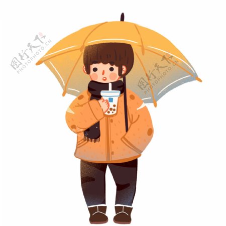 卡通清新冬日撑着伞的男孩