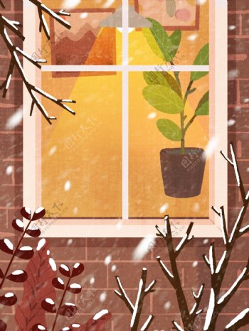 冬季下雪天窗内的盆栽背景设计