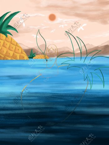 手绘大海菠萝背景设计