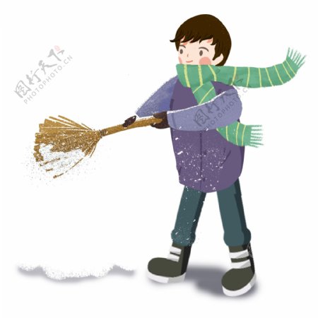 手绘可爱扫雪的小男孩png素材