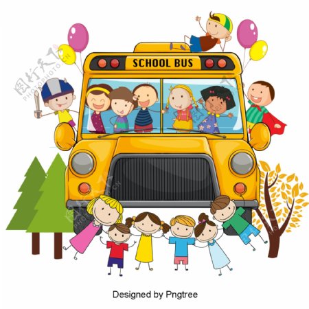 漂亮酷卡通可爱的学生坐校车上学