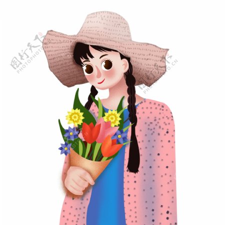三八女王节拿着捧花的文艺女孩人物插画