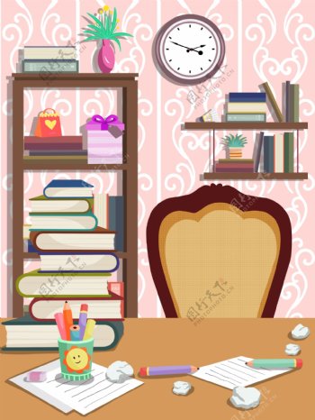 粉色可爱儿童书房插画背景