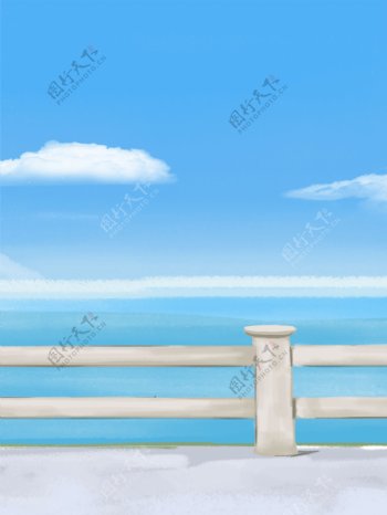 蓝色大气海边风景插画背景