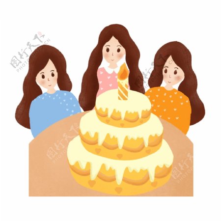 卡通简约过生日吃蛋糕女孩装饰素材