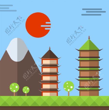 原创中国传统古建筑宝塔双塔寺插画