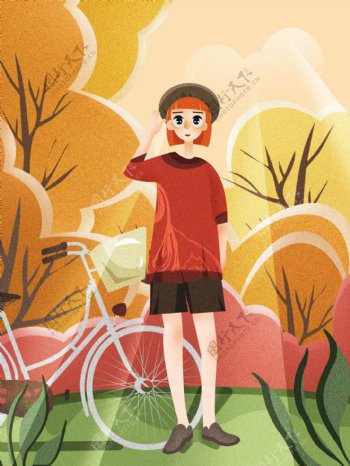 黄色插画夏季短袖女孩自行车背景设计