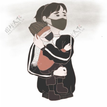 防雾霾戴口罩暗色系卡通母亲抱孩子免扣图
