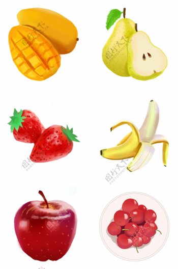 手绘卡通水果系列梨草莓芒果香蕉苹果樱桃插画