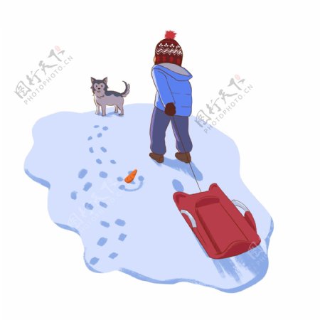 滑雪插画冬日带着小狗和雪橇去滑雪脚印
