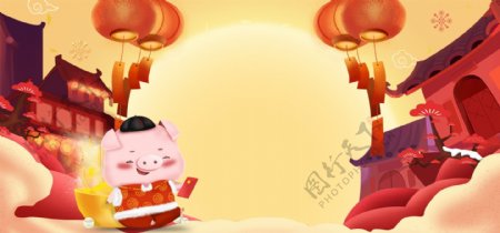 年货节喜庆中国风街景卡通banner