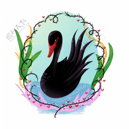 黑色情人节浪漫手绘黑色天鹅装饰动物素材