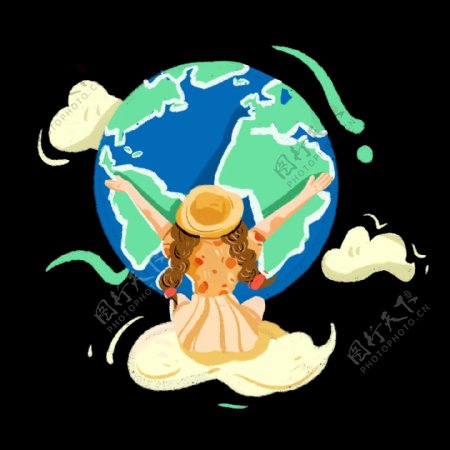世界地球日女孩拥抱地球手绘插画png免抠素材