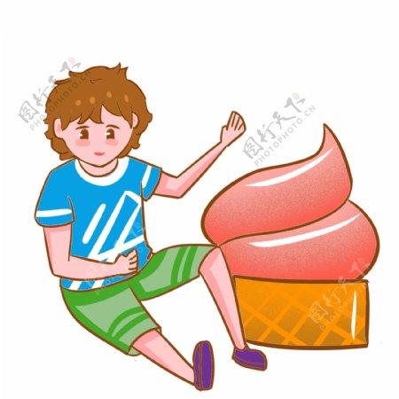 吃冰淇淋的男孩手绘插画