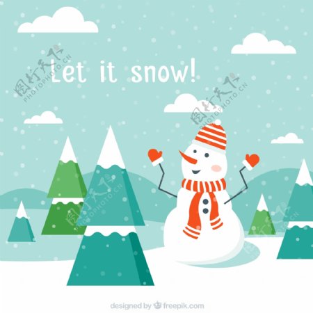 卡通雪中雪人和树木