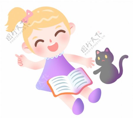 读书的小女孩和小猫插画