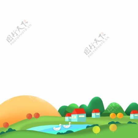 村庄风景池塘春天春光绿色海报边框装饰底框
