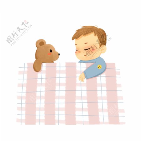 小婴儿和小熊在床上睡觉
