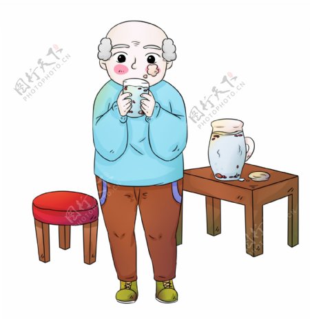 手绘冬季喝养生茶老人插画