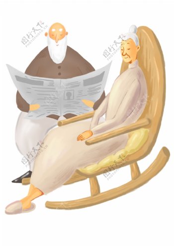 欧美风躺椅上的老绅士和老奶奶卡通插画