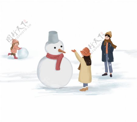 冬季堆雪人主题插画