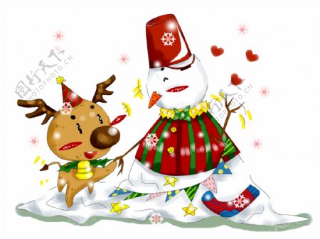 卡通手绘原创厚涂唯美圣诞节小鹿与雪人插画PNG