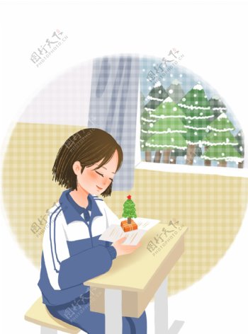 圣诞节冷色冬季手绘卡通美女
