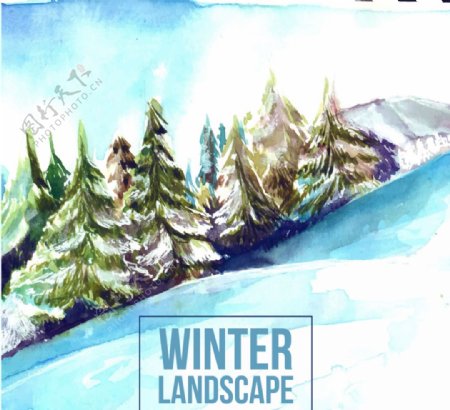 水彩绘冬季雪山松林风景
