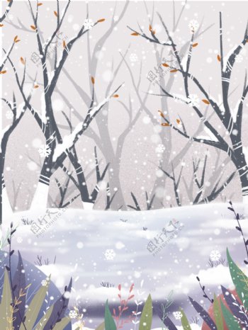 手绘冬季枯树雪景背景素材