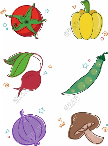 矢量蔬菜扁平风番茄甜椒萝卜豆荚装饰图案