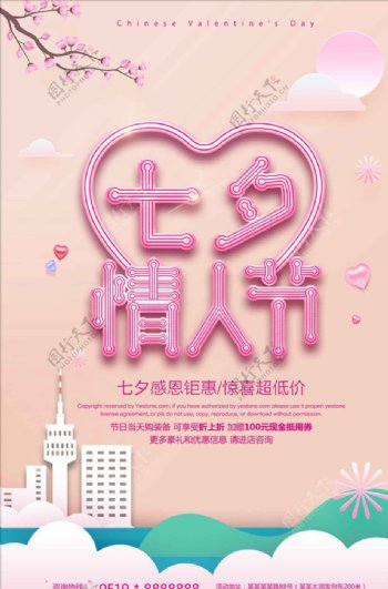 时尚剪纸七夕情人节宣传促销海报