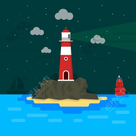 卡通大海中的红色灯塔