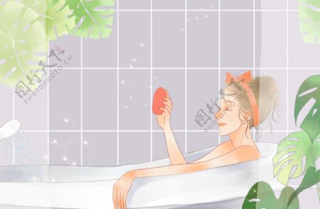 简约小清新日常生活浴室里泡澡的女孩