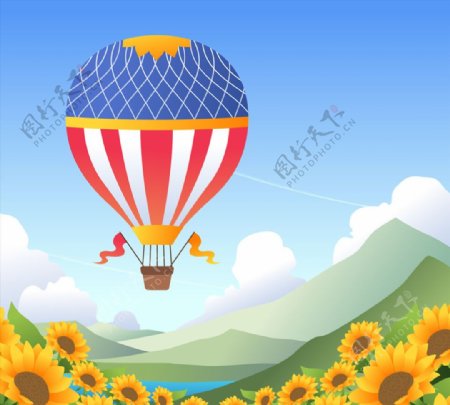 创意向日葵花海上的热气球