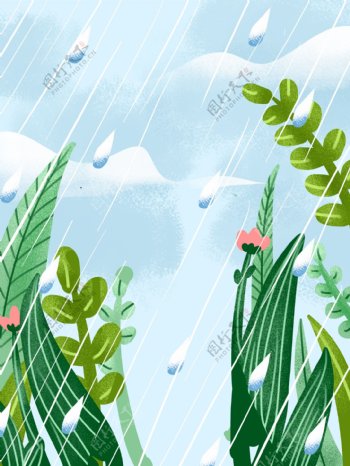 手绘夏天下雨草丛背景设计