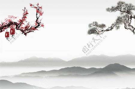 中国风梅花松树水墨背景