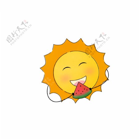 手绘夏天吃西瓜的太阳可爱卡通