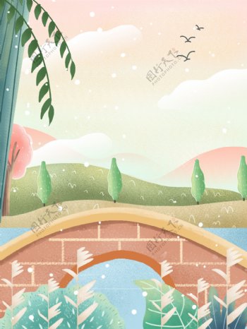 清新立夏池塘拱桥背景设计